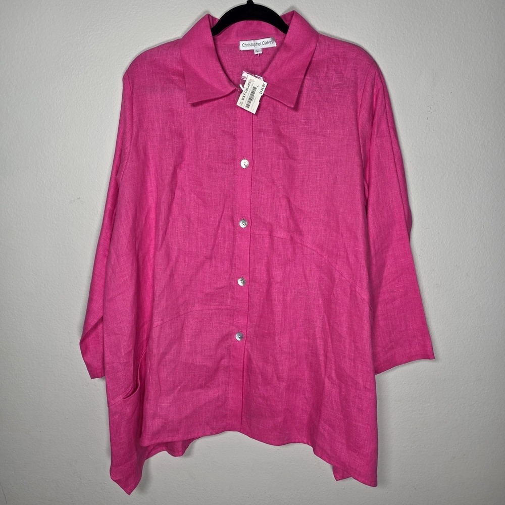 Christopher Calvin Womens Large Hot Pink Linen Button Front Blouse Lagenlook NEW